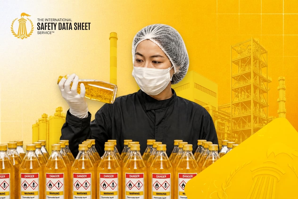 Laboratory worker examining a chemical container beside bottles carrying Danger and Warning labels