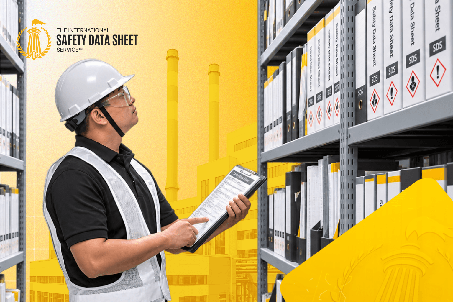 Worker reviewing Safety Data Sheet files in an industrial document store