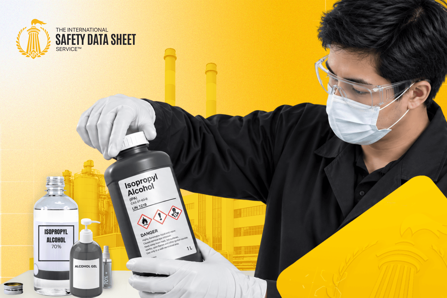 Worker in protective gear holding an isopropyl alcohol container