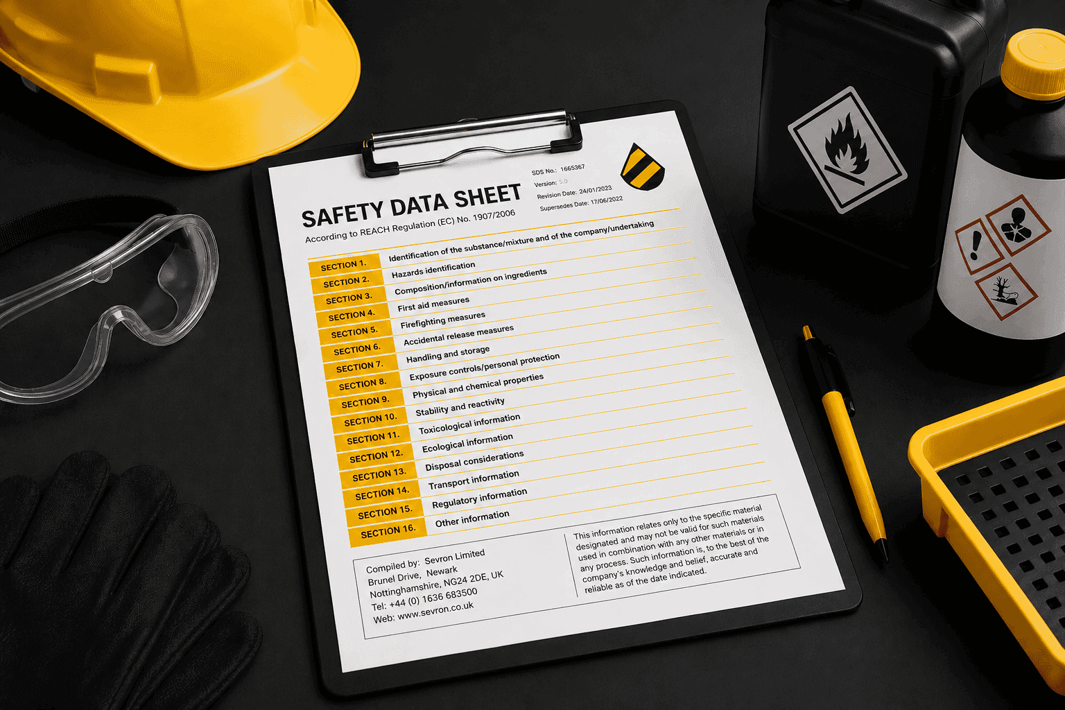 Safety Data Sheet (SDS) with the 16 standard sections explained for chemical safety and workplace compliance