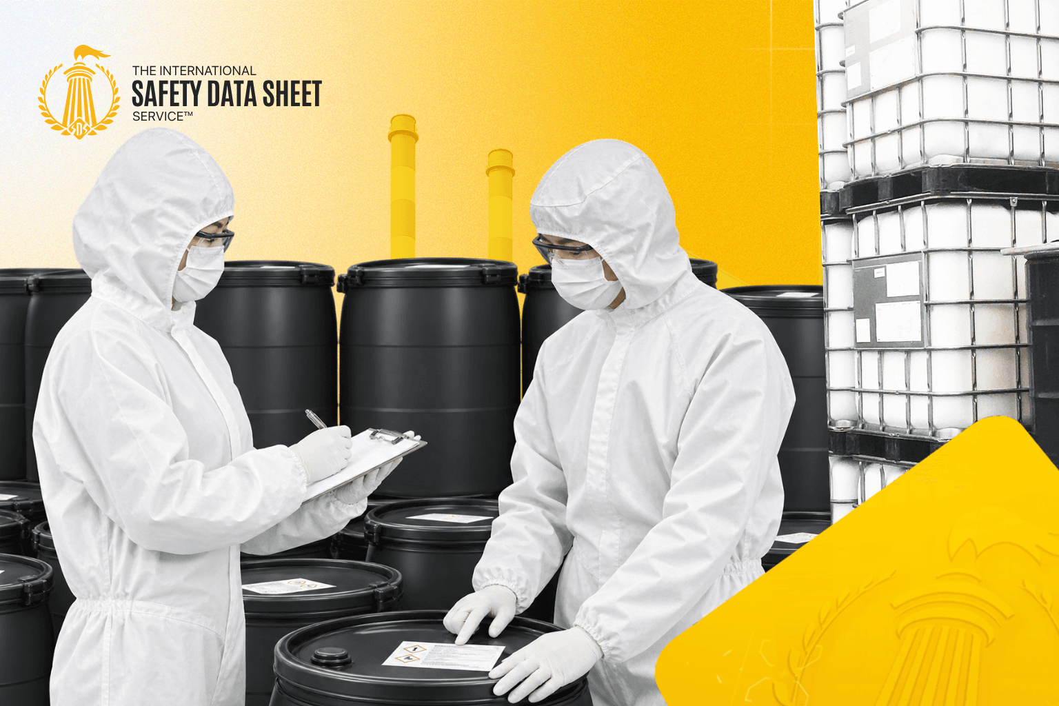 Two workers in protective suits checking hazard labels on chemical drums and recording details on a clipboard