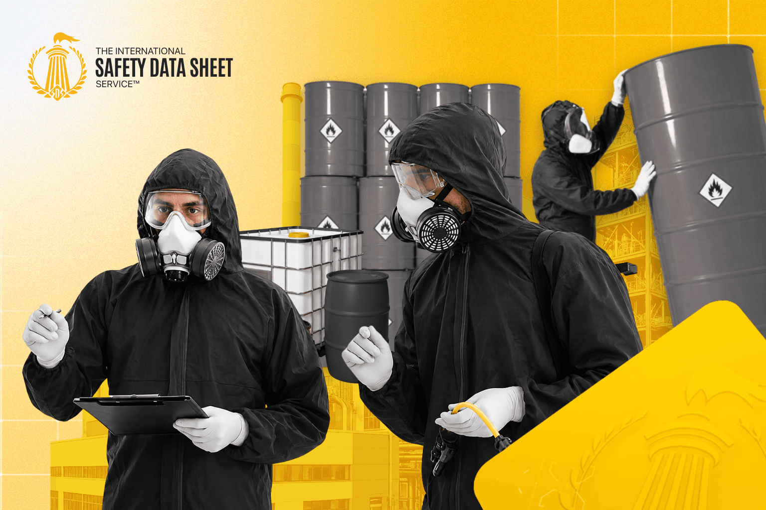 Workers wearing chemical protective suits and respirators among flammable chemical drums in an industrial facility
