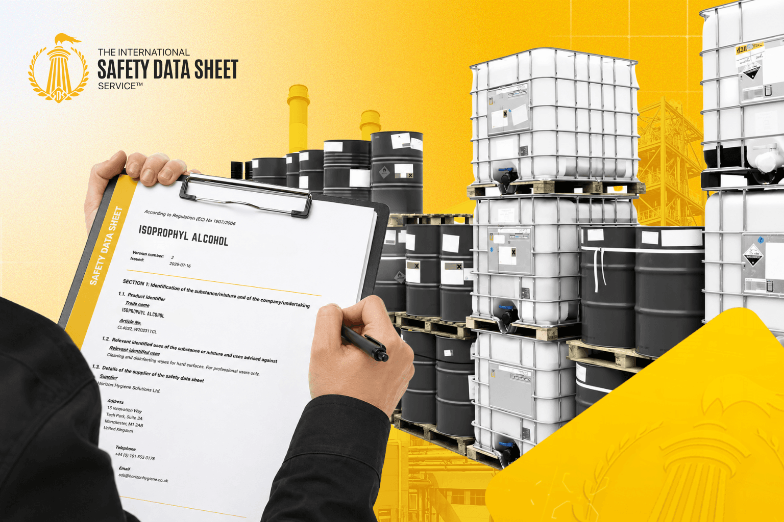 Worker checking a Safety Data Sheet before shipping hazardous materials