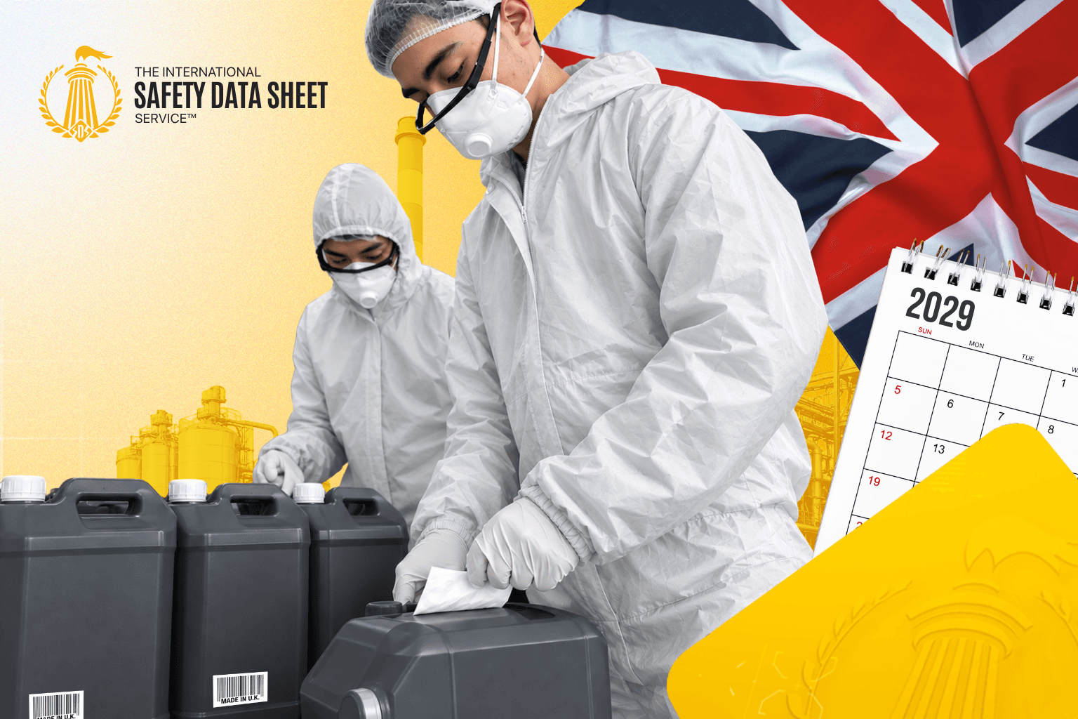 Workers in protective suits, respirators and goggles handling chemical containers, with a Union Jack and a 2029 calendar in the background