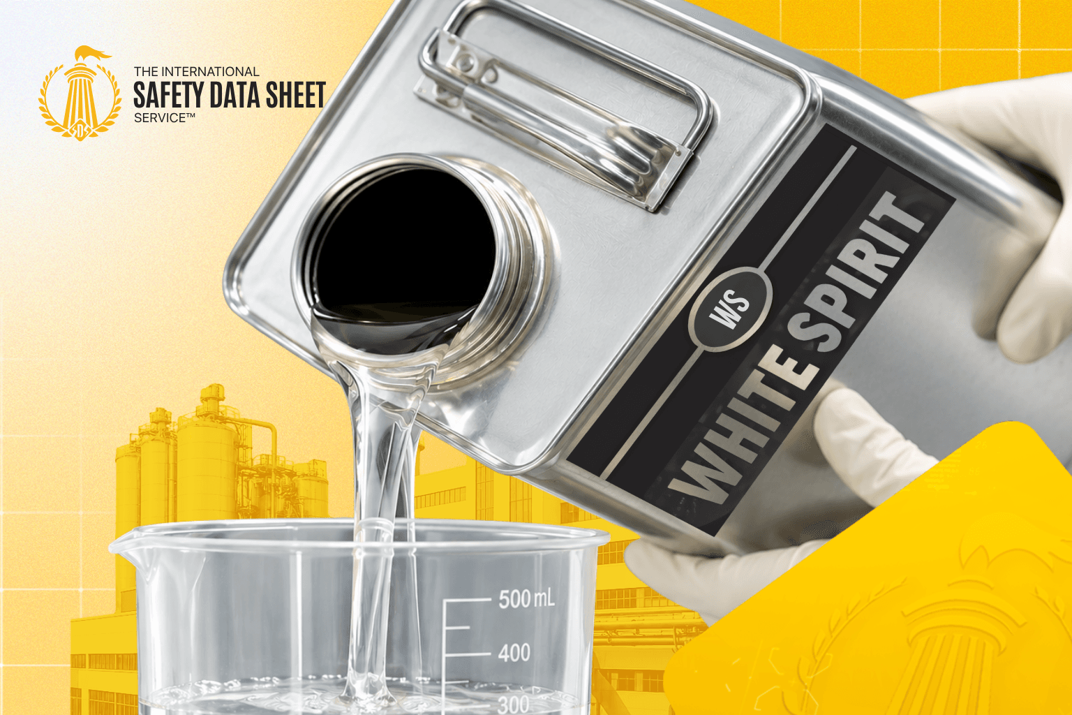 Gloved hands pouring white spirit from a labelled metal container into a measuring beaker
