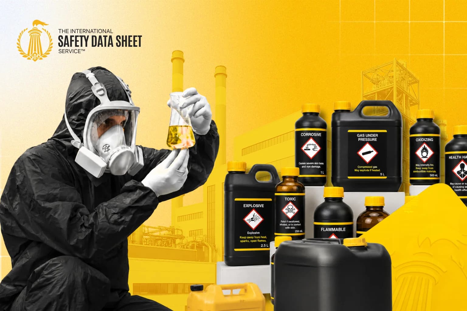 Chemical worker examining a sample beside containers labelled with GHS hazard pictograms