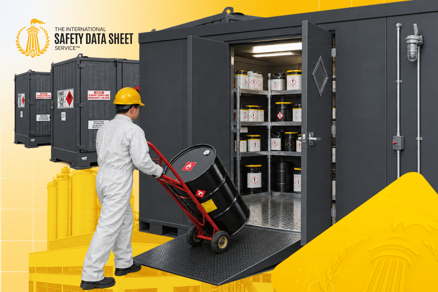 Worker moving a chemical drum into a chemical storage unit