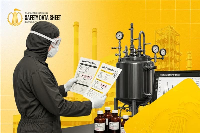 Worker in a chemical processing plant reviewing Safety Data Sheets