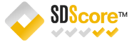 SDScore™ logo featuring a diamond icon with yellow and gray gradients, accompanied by five checkmarks, three gray and two yellow.