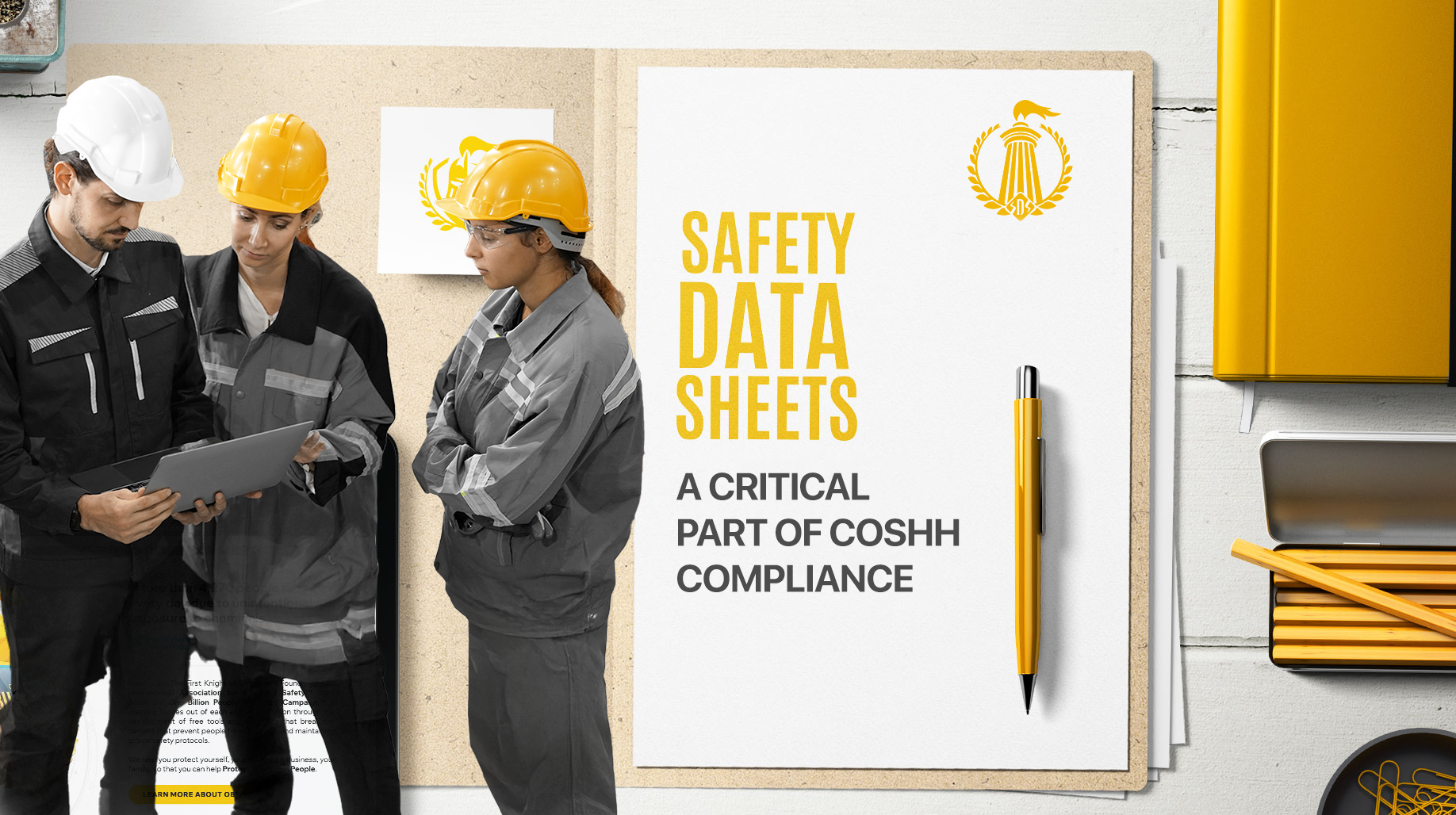 Three workers in safety gear reviewing a laptop, next to a document titled 'Safety Data Sheets: A Critical Part of COSHH Compliance,' with the ISDSS™ logo and yellow stationery.