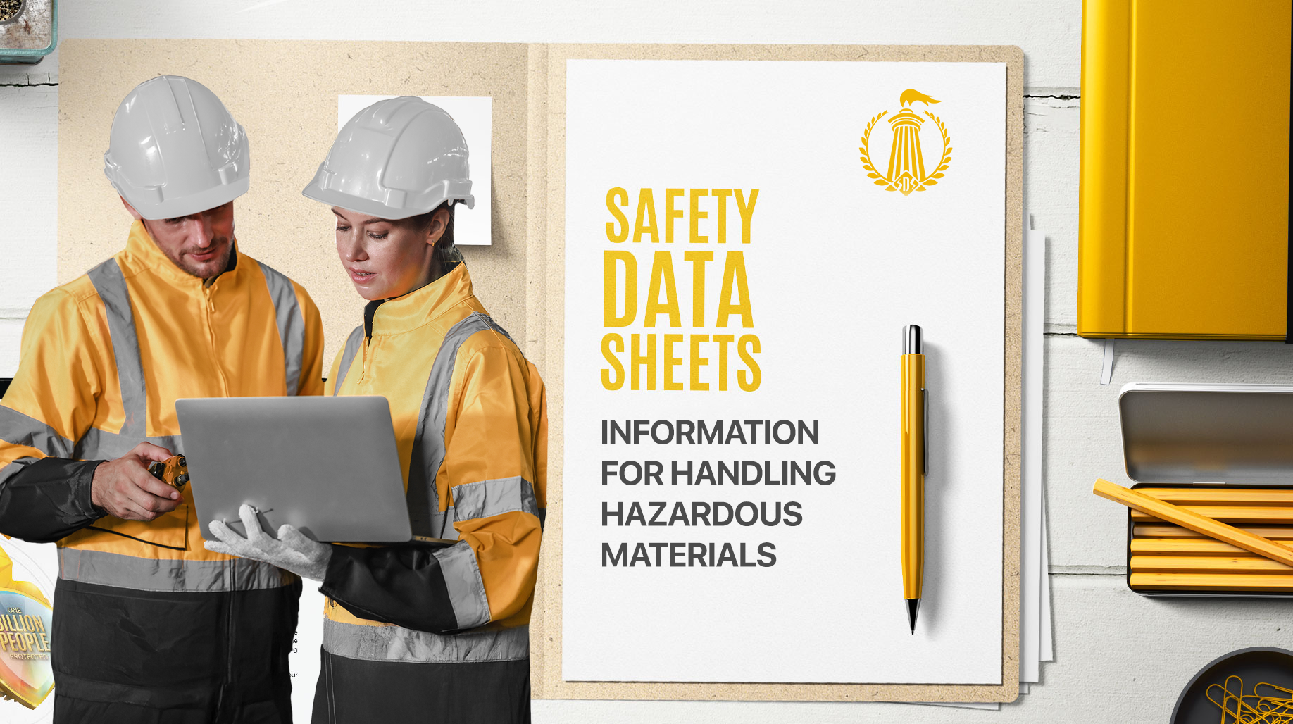 Two workers in yellow safety gear reviewing a laptop, next to a document titled 'Safety Data Sheets: Information for Handling Hazardous Materials,' with the ISDSS™ logo and yellow stationery