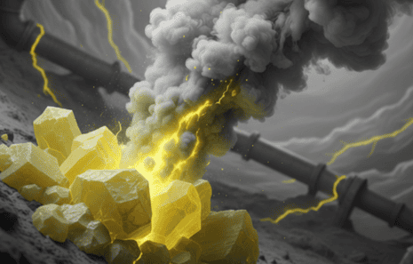 Yellow sulfur crystals and toxic gas fumes leaking from a pipe, visually representing the chemical hazard of Hydrogen Sulfide.